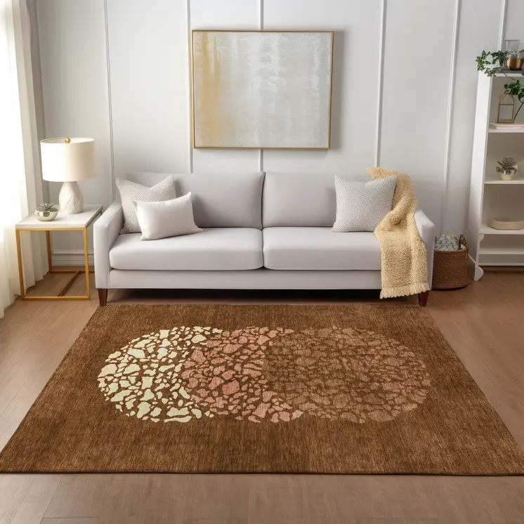 5' X 8' Orange Terra Cotta And Ivory Abstract Washable Indoor Outdoor Area Rug