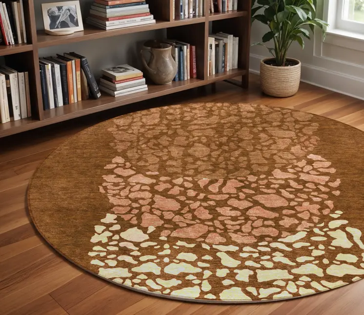 8' Orange Terra Cotta And Ivory Round Abstract Washable Indoor Outdoor Area Rug