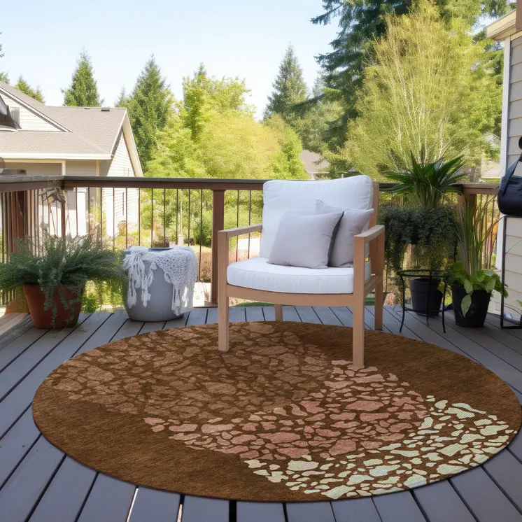 8' Orange Terra Cotta And Ivory Round Abstract Washable Indoor Outdoor Area Rug