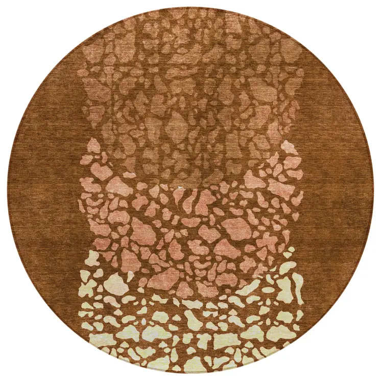 8' Orange Terra Cotta And Ivory Round Abstract Washable Indoor Outdoor Area Rug