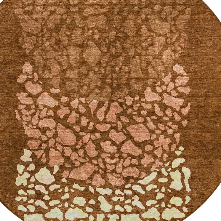 8' Orange Terra Cotta And Ivory Round Abstract Washable Indoor Outdoor Area Rug