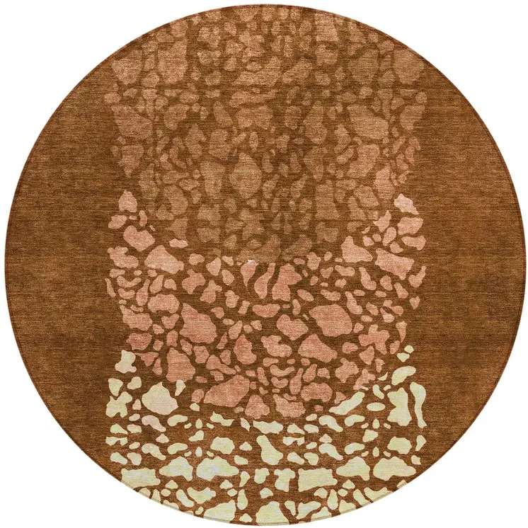 8' Orange Terra Cotta And Ivory Round Abstract Washable Indoor Outdoor Area Rug