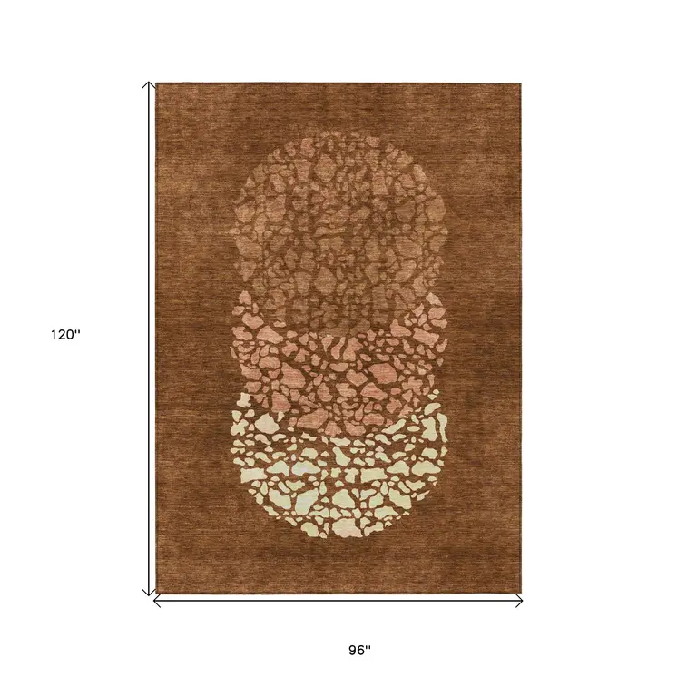 8' X 10' Orange Terra Cotta And Ivory Abstract Washable Indoor Outdoor Area Rug