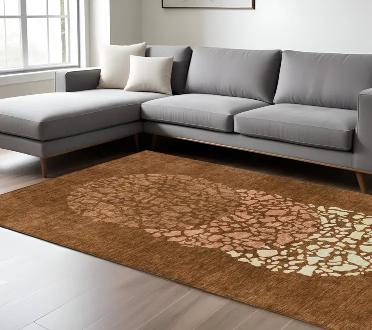 9' X 12' Orange Terra Cotta And Ivory Abstract Washable Indoor Outdoor Area Rug