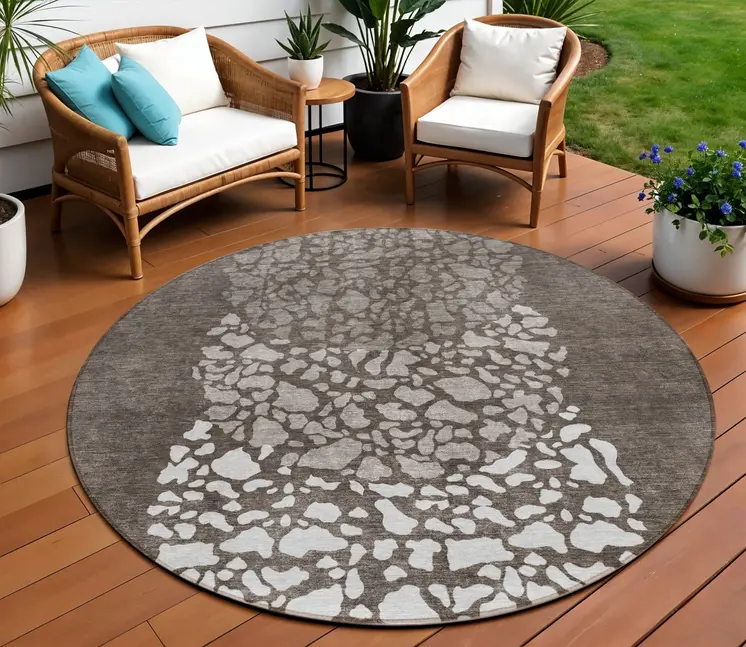 8' Taupe Brown And Ivory Round Abstract Washable Indoor Outdoor Area Rug
