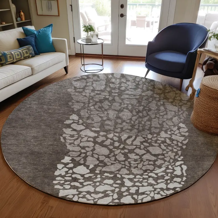 8' Taupe Brown And Ivory Round Abstract Washable Indoor Outdoor Area Rug