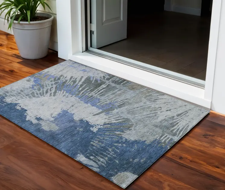3' X 5' Denim Blue And Navy Blue Abstract Washable Indoor Outdoor Area Rug