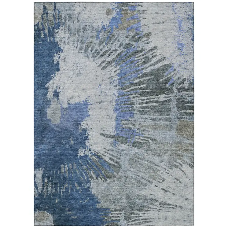 3' X 5' Denim Blue And Navy Blue Abstract Washable Indoor Outdoor Area Rug