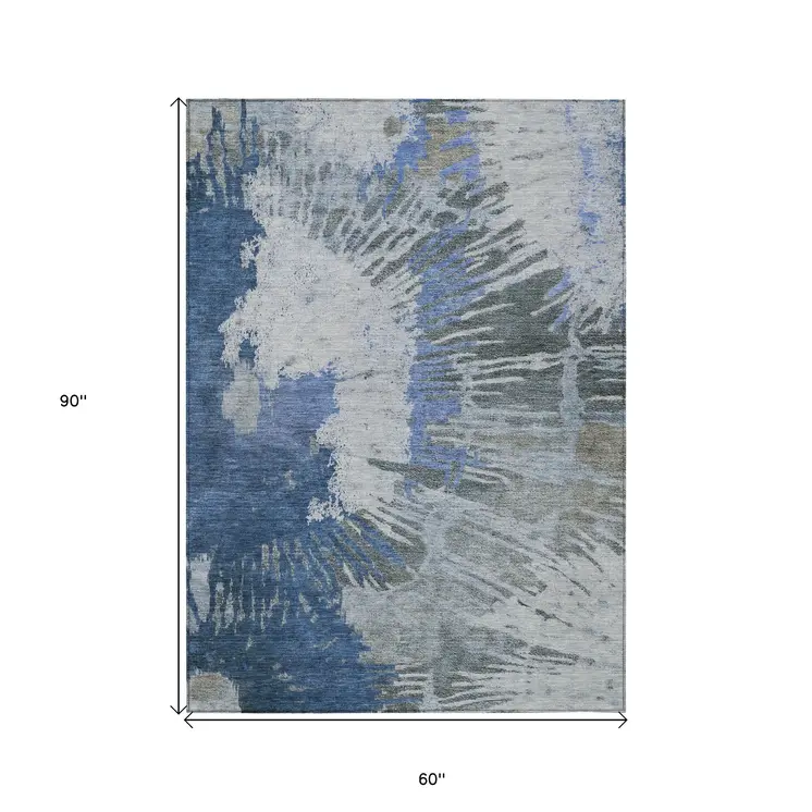 5' X 8' Denim Blue And Navy Blue Abstract Washable Indoor Outdoor Area Rug