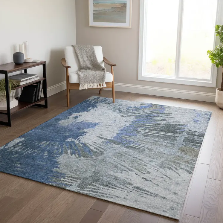 5' X 8' Denim Blue And Navy Blue Abstract Washable Indoor Outdoor Area Rug