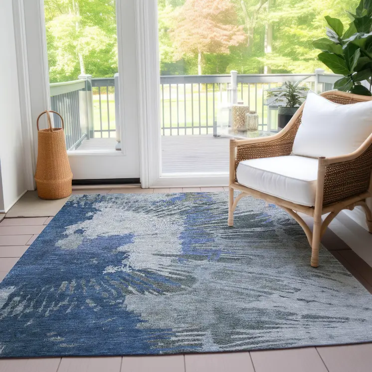 5' X 8' Denim Blue And Navy Blue Abstract Washable Indoor Outdoor Area Rug