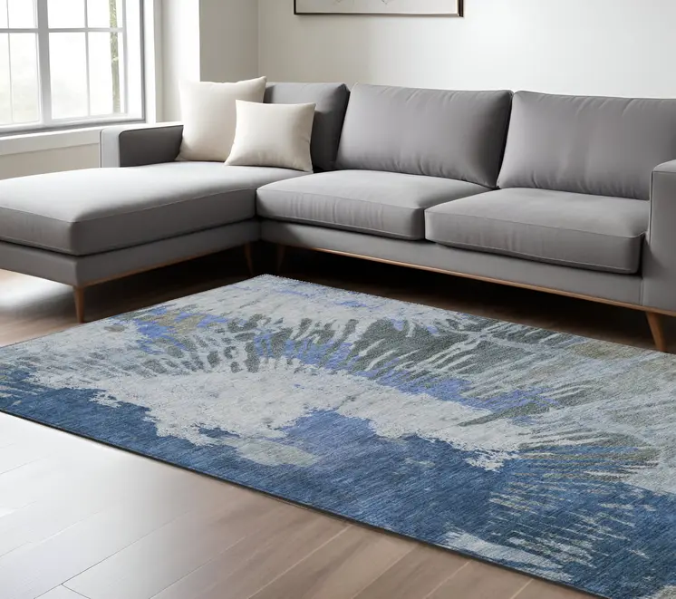 8' X 10' Denim Blue And Navy Blue Abstract Washable Indoor Outdoor Area Rug