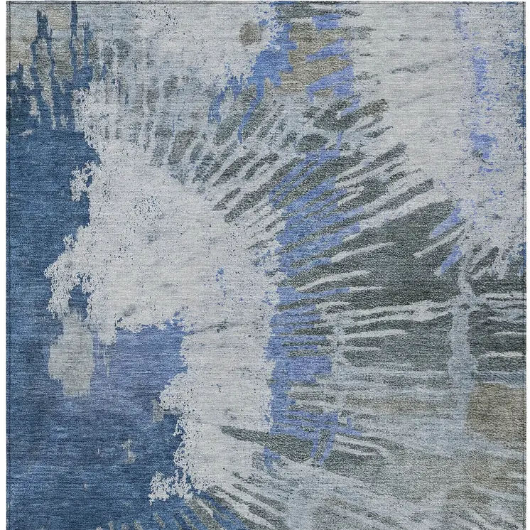 9' X 12' Denim Blue And Navy Blue Abstract Washable Indoor Outdoor Area Rug