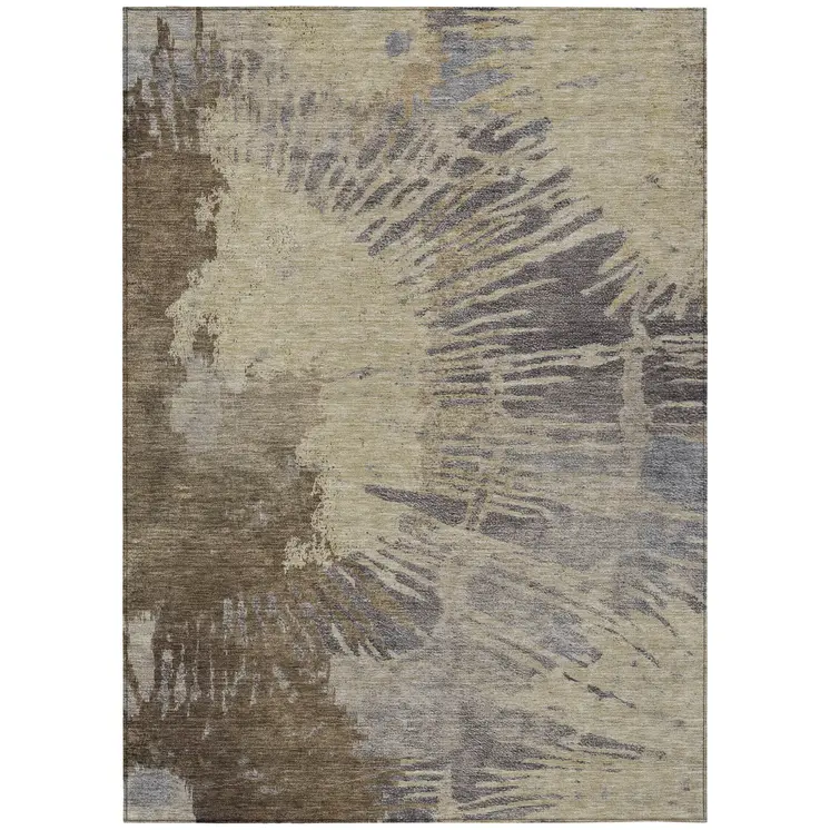 3' X 5' Brown Tan And Beige Abstract Washable Indoor Outdoor Area Rug