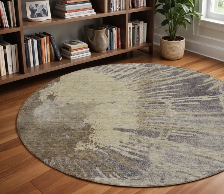 8' Brown Tan And Beige Round Abstract Washable Indoor Outdoor Area Rug