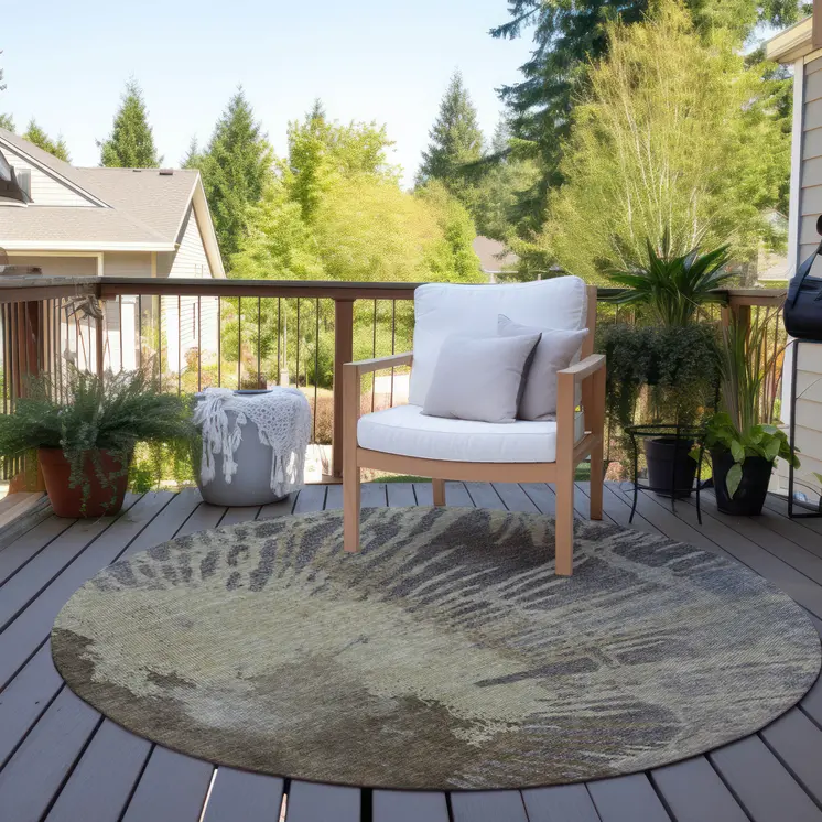 8' Brown Tan And Beige Round Abstract Washable Indoor Outdoor Area Rug