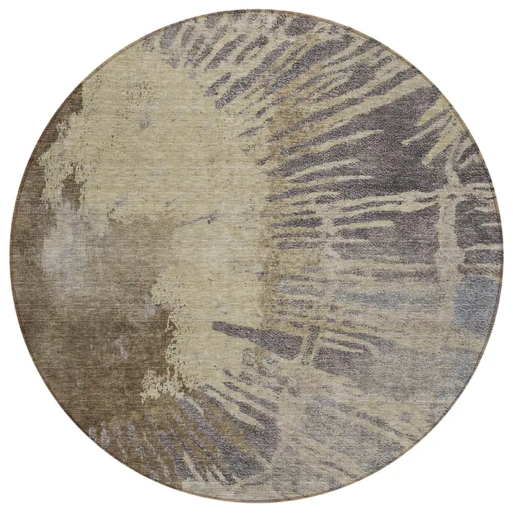 8' Brown Tan And Beige Round Abstract Washable Indoor Outdoor Area Rug