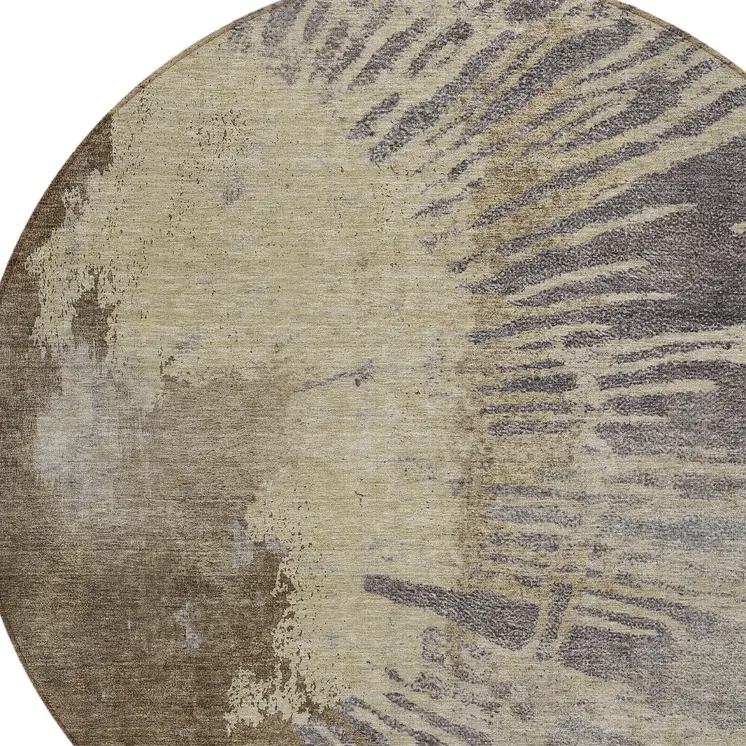 8' Brown Tan And Beige Round Abstract Washable Indoor Outdoor Area Rug