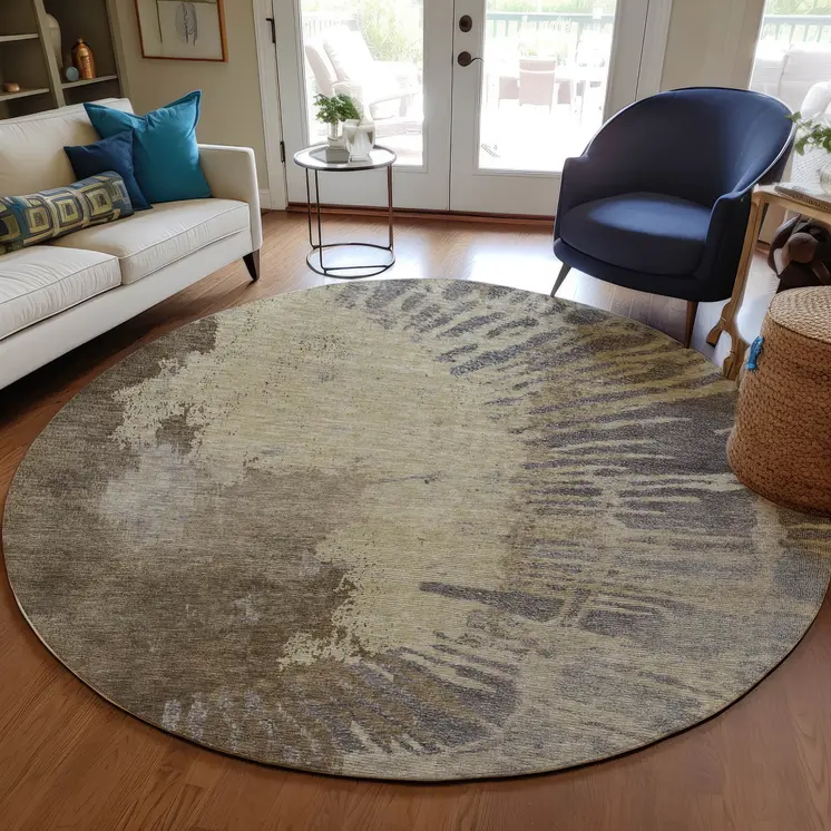8' Brown Tan And Beige Round Abstract Washable Indoor Outdoor Area Rug