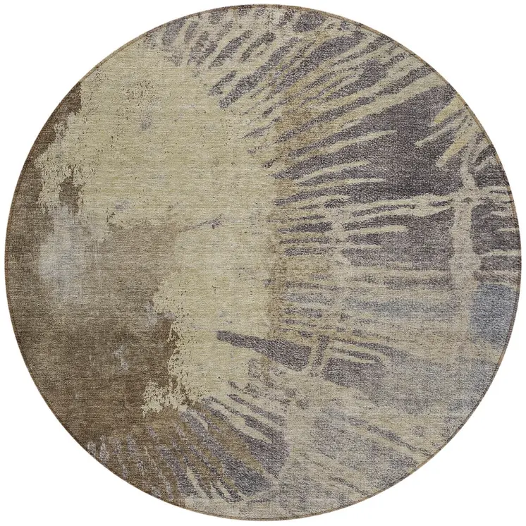 8' Brown Tan And Beige Round Abstract Washable Indoor Outdoor Area Rug