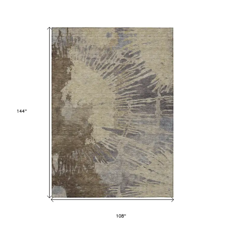 9' X 12' Brown Tan And Beige Abstract Washable Indoor Outdoor Area Rug