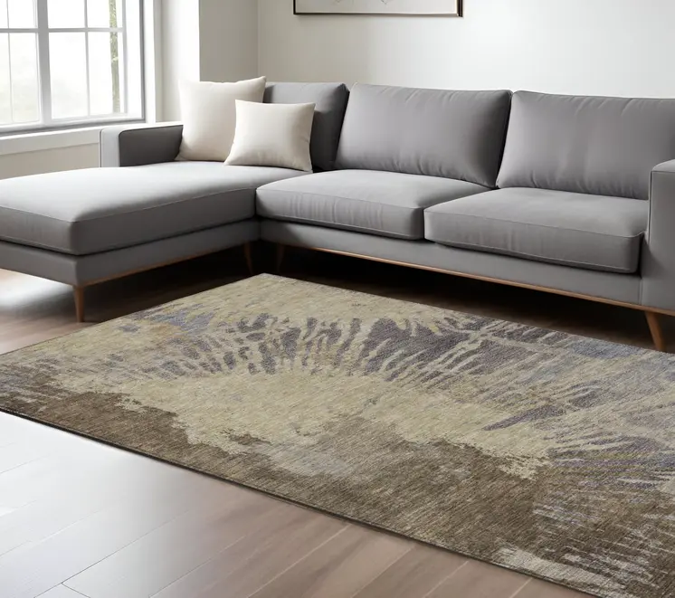 10' X 14' Brown Tan And Beige Abstract Washable Indoor Outdoor Area Rug