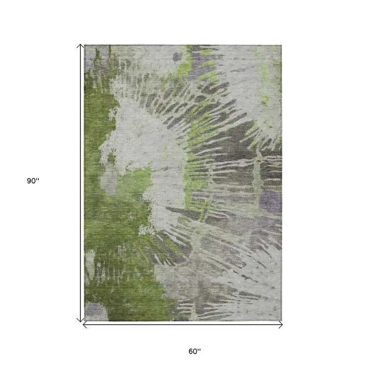 5' X 8' Olive Green Artichoke Green And Fern Green Abstract Washable Indoor Outdoor Area Rug