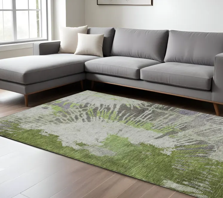 10' X 14' Olive Green Artichoke Green And Fern Green Abstract Washable Indoor Outdoor Area Rug