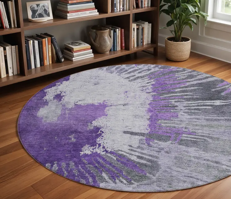 8' Purple Lilac And Eggplant Round Abstract Washable Indoor Outdoor Area Rug