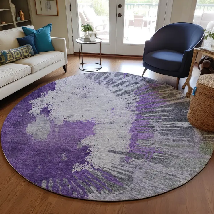 8' Purple Lilac And Eggplant Round Abstract Washable Indoor Outdoor Area Rug