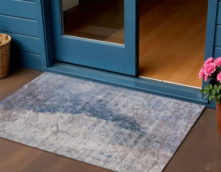 3' X 5' Navy Blue And Gray Abstract Washable Indoor Outdoor Area Rug
