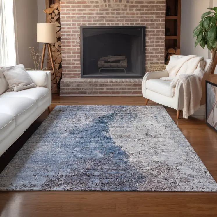 3' X 5' Navy Blue And Gray Abstract Washable Indoor Outdoor Area Rug