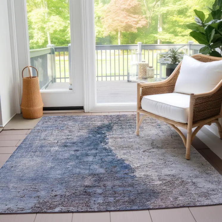3' X 5' Navy Blue And Gray Abstract Washable Indoor Outdoor Area Rug