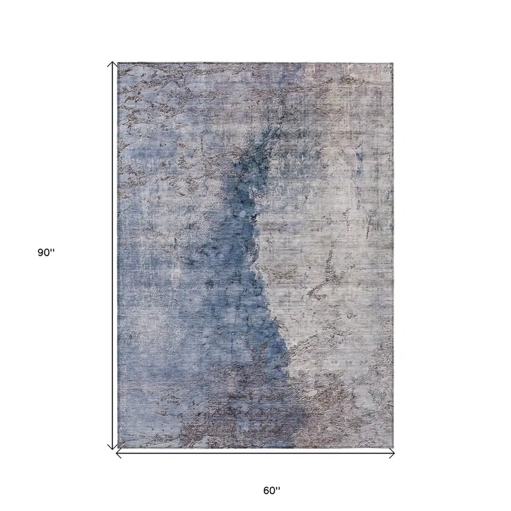 5' X 8' Navy Blue And Gray Abstract Washable Indoor Outdoor Area Rug