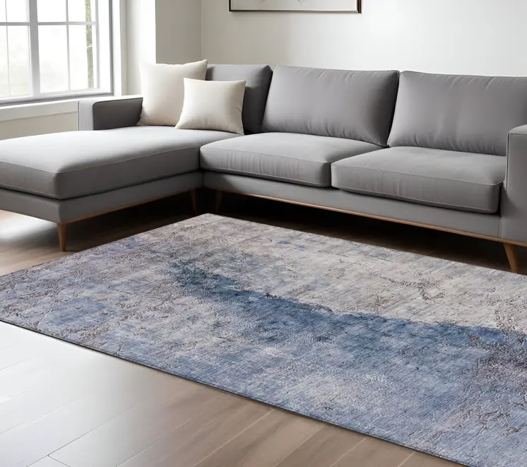 8' X 10' Navy Blue And Gray Abstract Washable Indoor Outdoor Area Rug