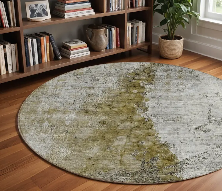 8' Brown Gray And Silver Round Abstract Washable Indoor Outdoor Area Rug