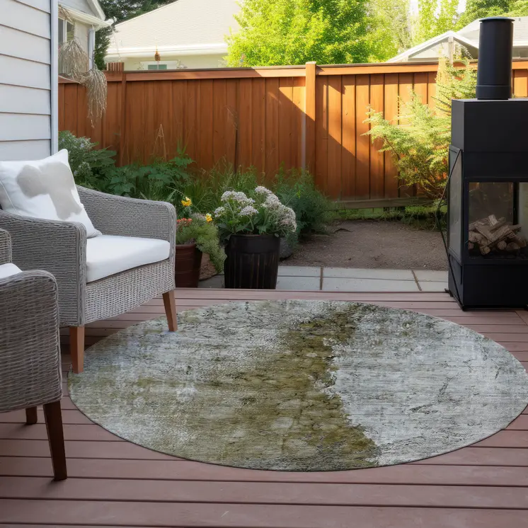 8' Brown Gray And Silver Round Abstract Washable Indoor Outdoor Area Rug