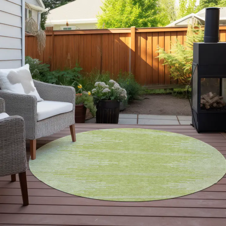 8' Artichoke Green And Ivory Round Abstract Washable Indoor Outdoor Area Rug