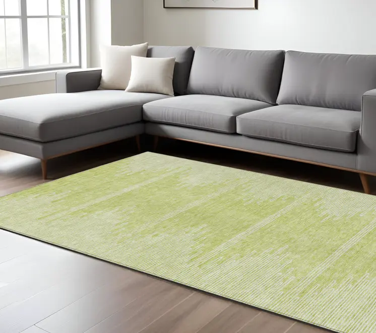 9' X 12' Artichoke Green And Ivory Abstract Washable Indoor Outdoor Area Rug