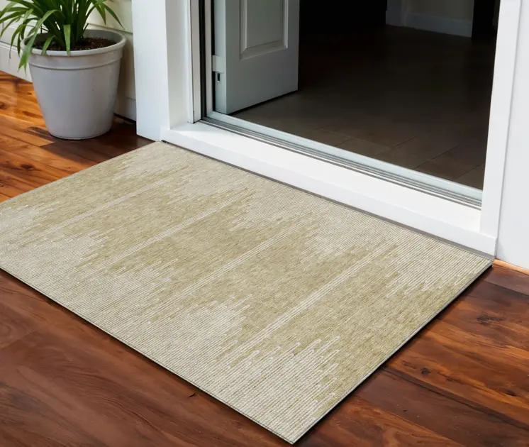 3' X 5' Beige And Ivory Abstract Washable Indoor Outdoor Area Rug