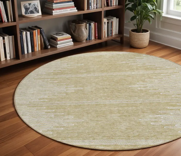 8' Beige And Ivory Round Abstract Washable Indoor Outdoor Area Rug