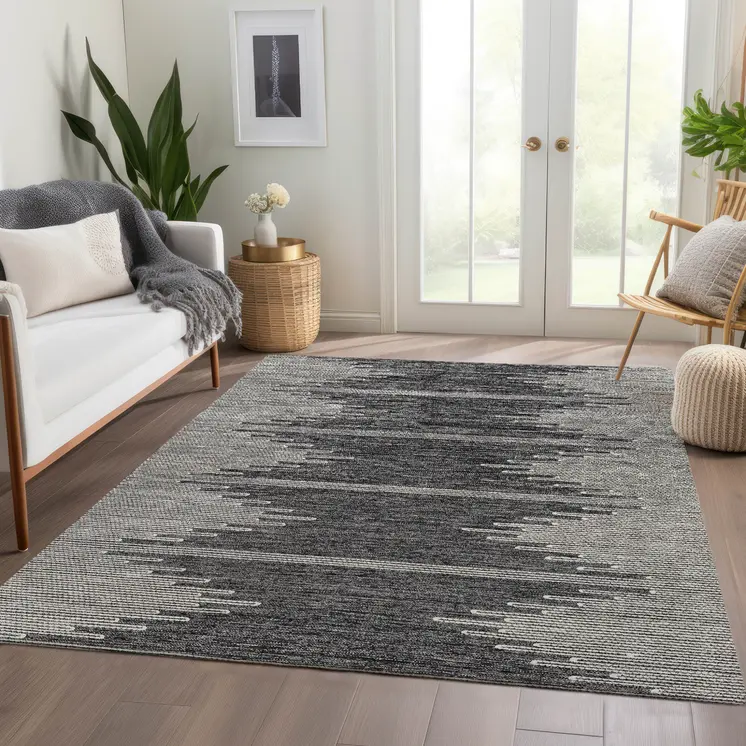3' X 5' Charcoal And Ivory Abstract Washable Indoor Outdoor Area Rug