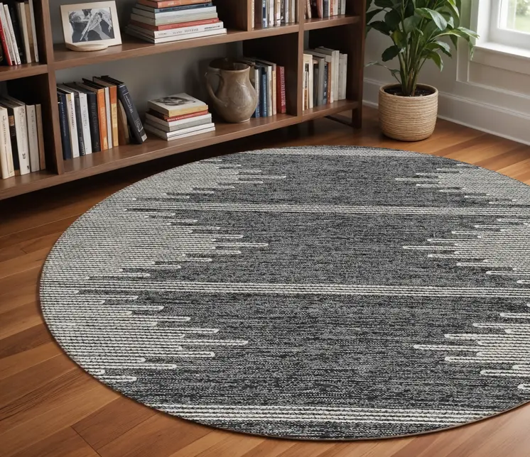 8' Charcoal And Ivory Round Abstract Washable Indoor Outdoor Area Rug
