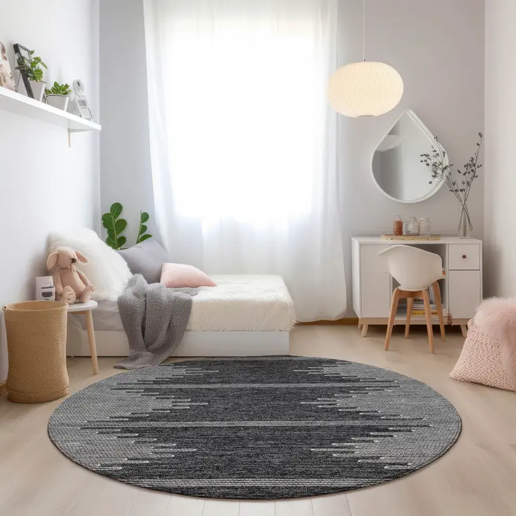 8' Charcoal And Ivory Round Abstract Washable Indoor Outdoor Area Rug