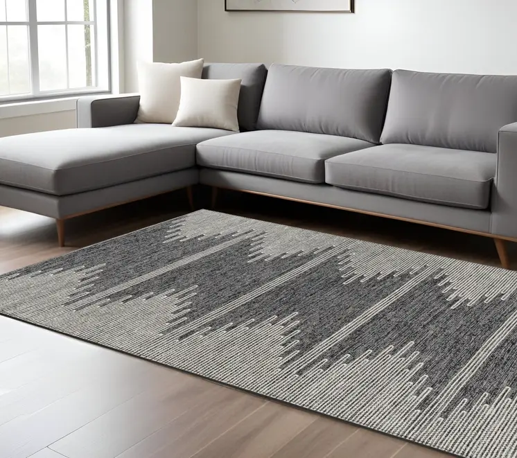 10' X 14' Charcoal And Ivory Abstract Washable Indoor Outdoor Area Rug