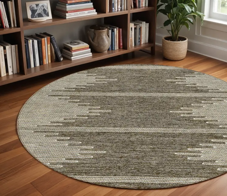 8' Coffee And Ivory Round Abstract Washable Indoor Outdoor Area Rug