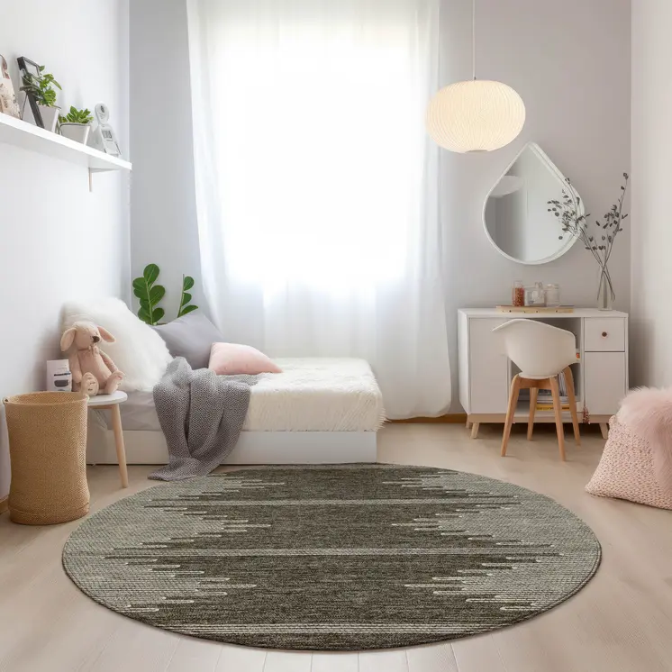 8' Coffee And Ivory Round Abstract Washable Indoor Outdoor Area Rug