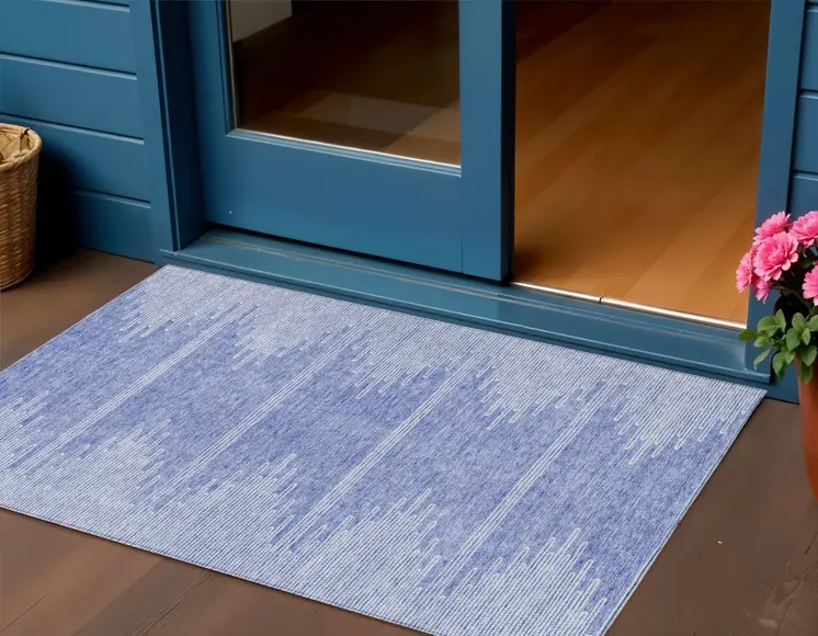 3' X 5' Denim Blue And Ivory Abstract Washable Indoor Outdoor Area Rug