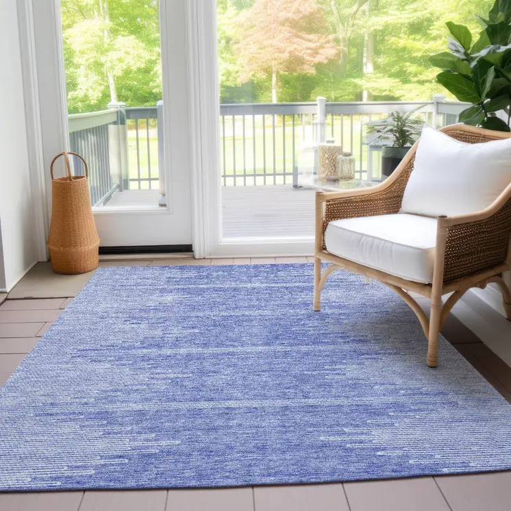 3' X 5' Denim Blue And Ivory Abstract Washable Indoor Outdoor Area Rug