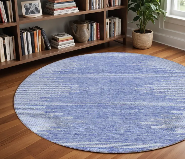8' Denim Blue And Ivory Round Abstract Washable Indoor Outdoor Area Rug